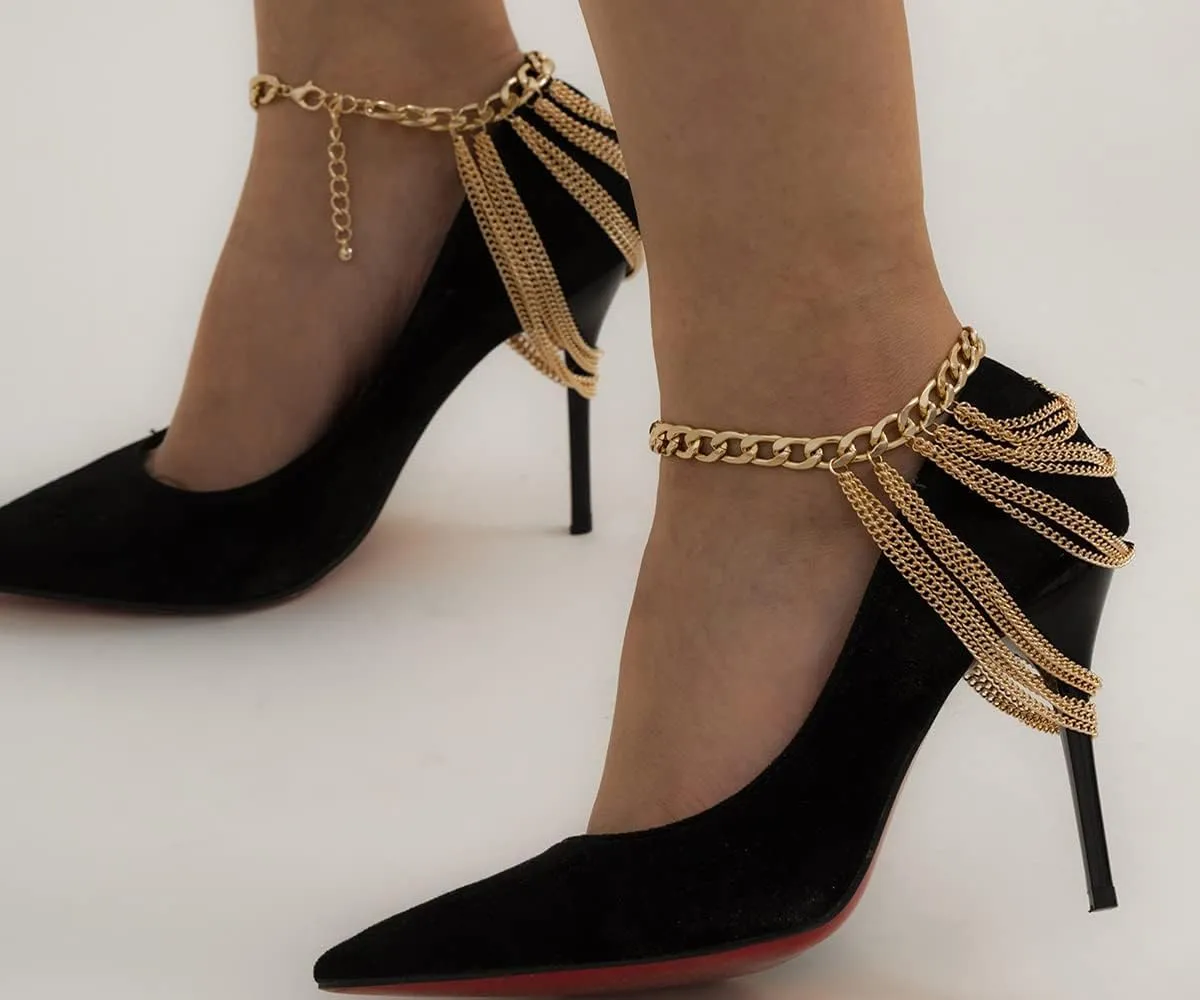 Chargances Punk Tassel Ankle Chains for Women and Girls Layered High Heel Anklet Shoes Chain for Women Gift Party (Gold)