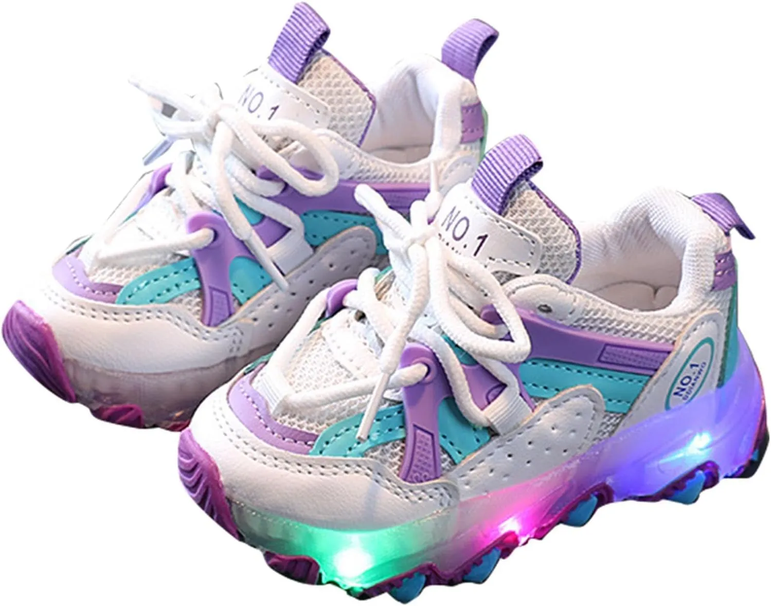 Children Kids Baby Girls Sneakers Led Light Luminous Sport Shoes Boys Lace up Stitching Color Bling Sneakers