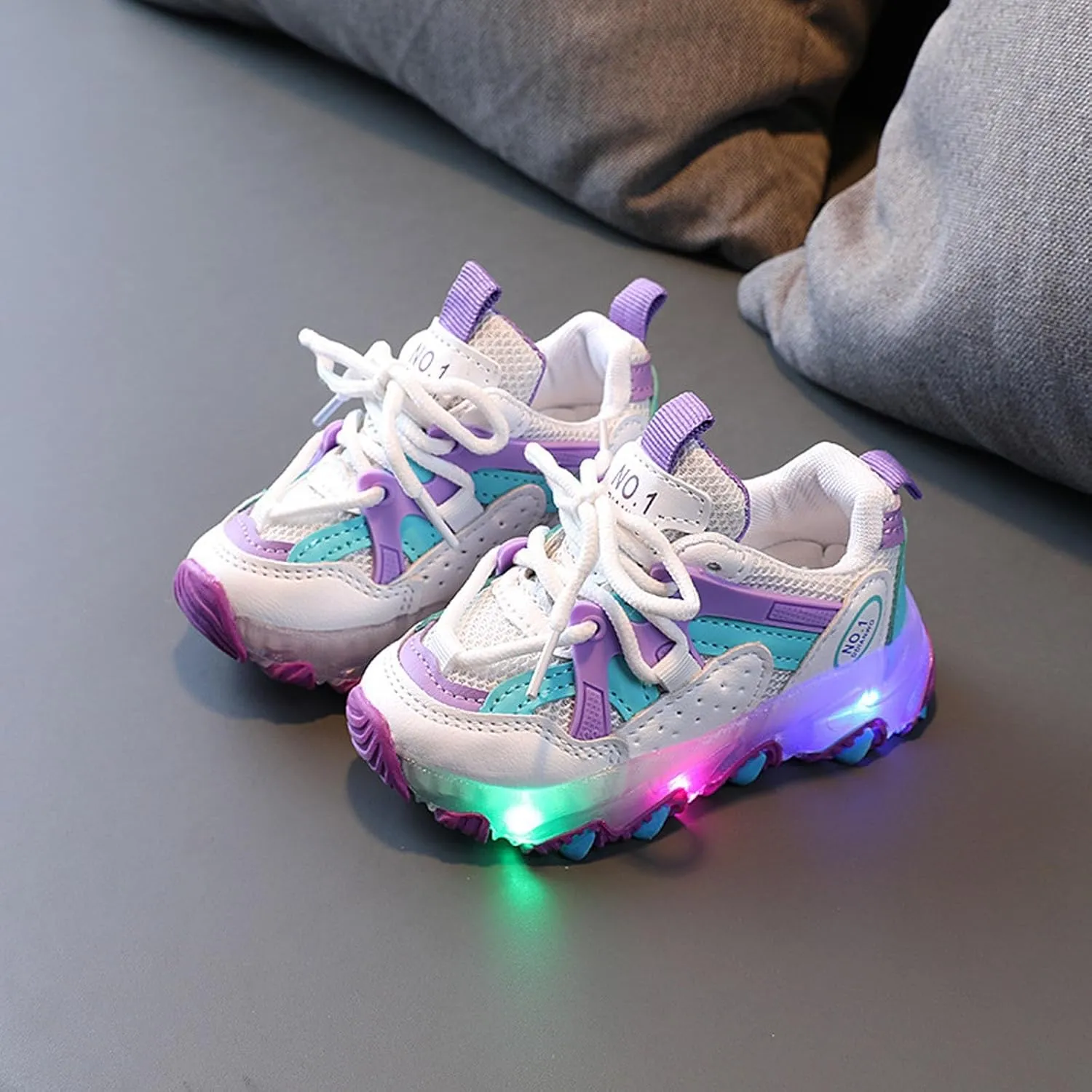 Children Kids Baby Girls Sneakers Led Light Luminous Sport Shoes Boys Lace up Stitching Color Bling Sneakers