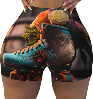 Classic Floral Blue Skate Shoes Print Workout Shorts for Women Seamless Soft Smooth Gym Yoga Scrunch Active Shorts