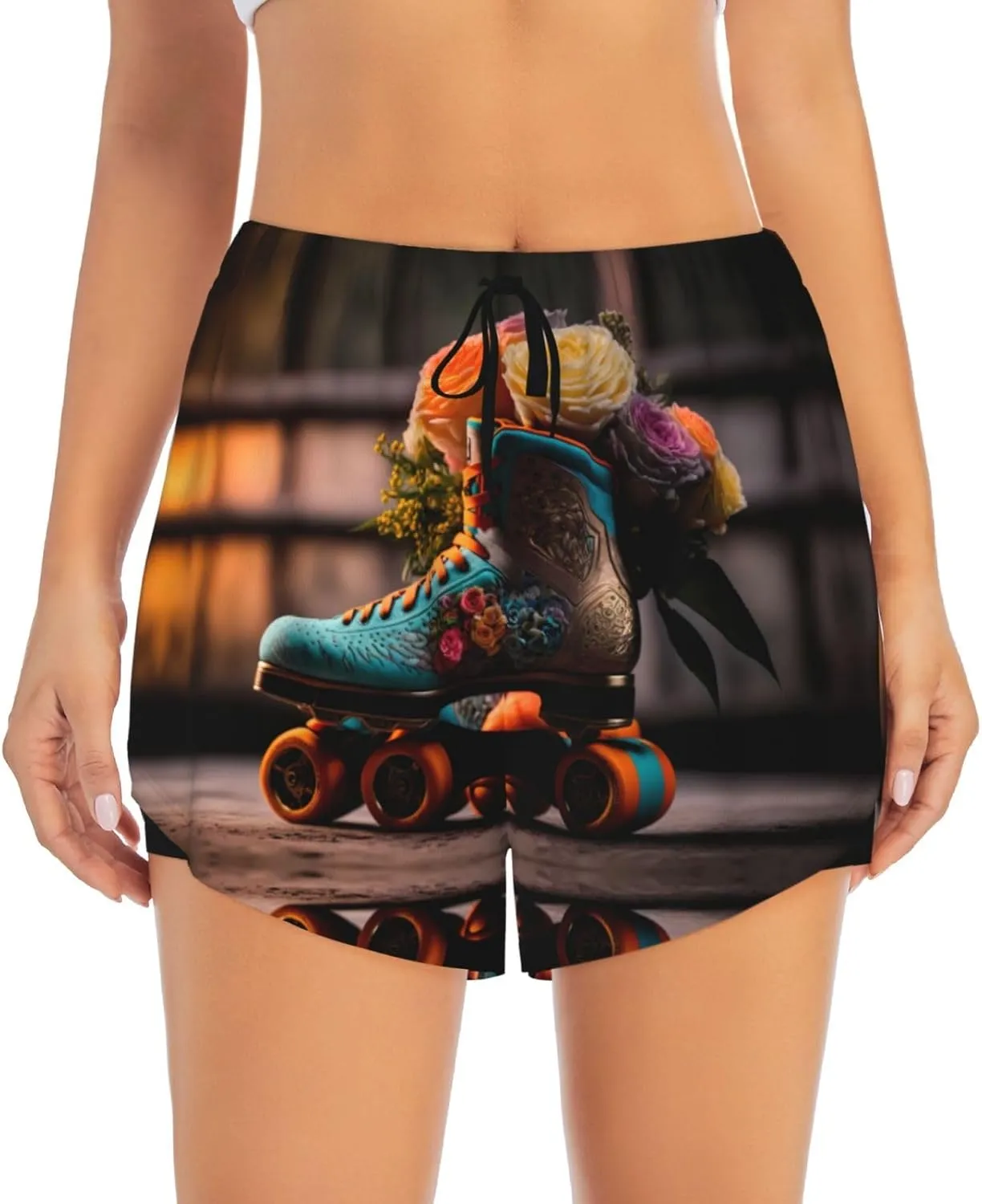 Classic Floral Blue Skate Shoes Running Shorts for Women - Lounge Athletic Workout Gym Yoga Shorts with Liner Pockets