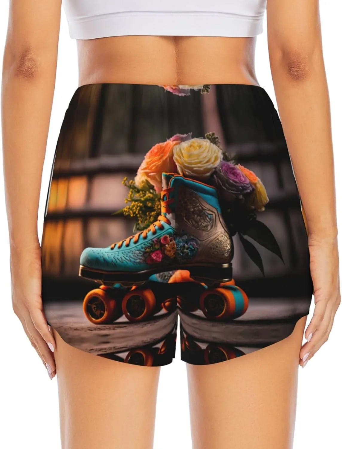 Classic Floral Blue Skate Shoes Running Shorts for Women - Lounge Athletic Workout Gym Yoga Shorts with Liner Pockets