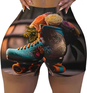 Classic Floral Blue Skate Shoes Workout Shorts Women - Seamless Biker Gym Yoga Running Spandex Shorts for Women