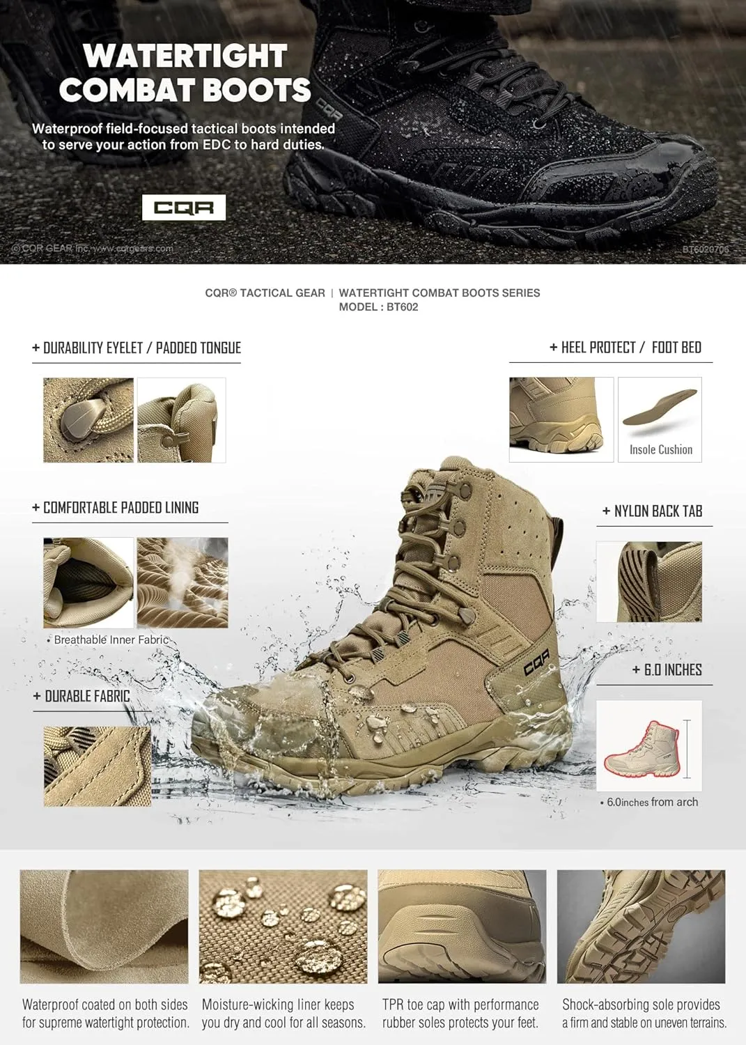CQR Men's Military Tactical Boots, Lightweight 6 Inches Hiking Combat Boot Durable Breathable Outdoor Work Motorcycle Footwear