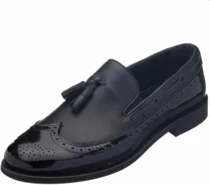 DALGALA Men's Black Aniline King Size Handmade Wingtip Tassel Loafer Shoes with Patent Leather