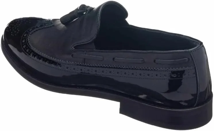 DALGALA Men's Black Aniline King Size Handmade Wingtip Tassel Loafer Shoes with Patent Leather