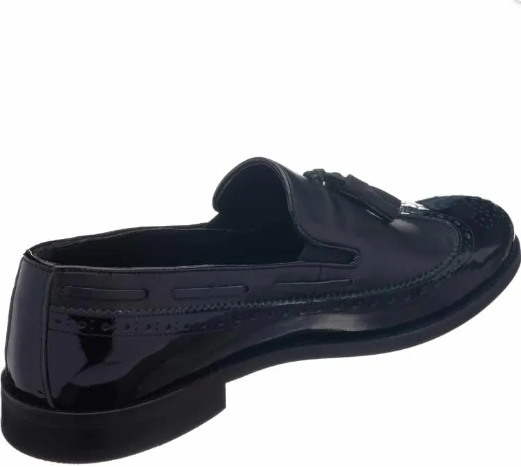DALGALA Men's Black Aniline King Size Handmade Wingtip Tassel Loafer Shoes with Patent Leather