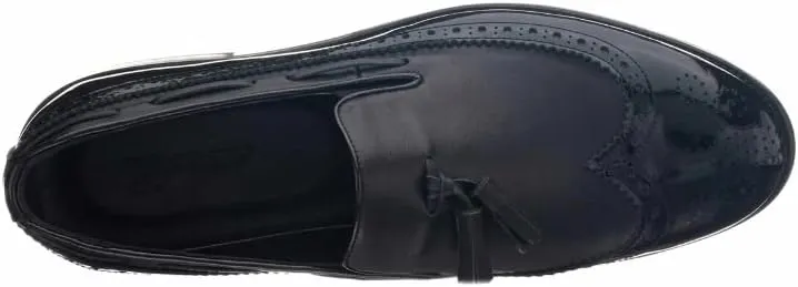 DALGALA Men's Black Aniline King Size Handmade Wingtip Tassel Loafer Shoes with Patent Leather
