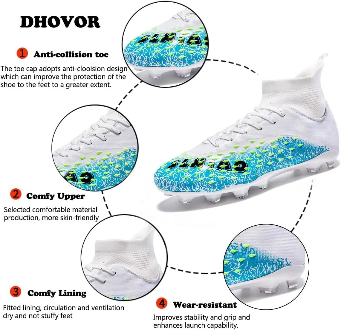 DHOVOR Boys Football Cleats High-Tops Football Shoes for Kids Soccer Cleats Professional Athletic Training Soccer Shoes