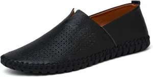 Easy to Put and Remove Loafer Shoes for Men Cowhide Stitching Details Round Toe Comfortable Resistant Flexible Driving Slip On for All Occasions (Color : Black Perforated, Size : 11.5)
