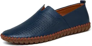 Easy to Put and Remove Loafer Shoes for Men Cowhide Stitching Details Round Toe Comfortable Resistant Flexible Driving Slip On for All Occasions (Color : Blue Perforated, Size : 7)