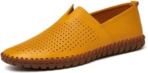 Easy to Put and Remove Loafer Shoes for Men Cowhide Stitching Details Round Toe Comfortable Resistant Flexible Driving Slip On for All Occasions (Color : Yellow Perforated, Size : 12.5)