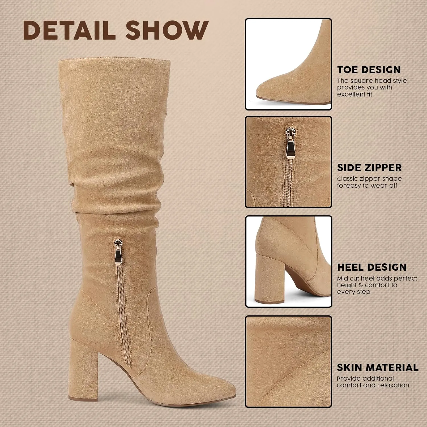Eteridrey Knee High Boots Womens Chunky Heels Side Zipper Slouchy Boots Comfortable Faux Suede Riding Mid Calf Boots