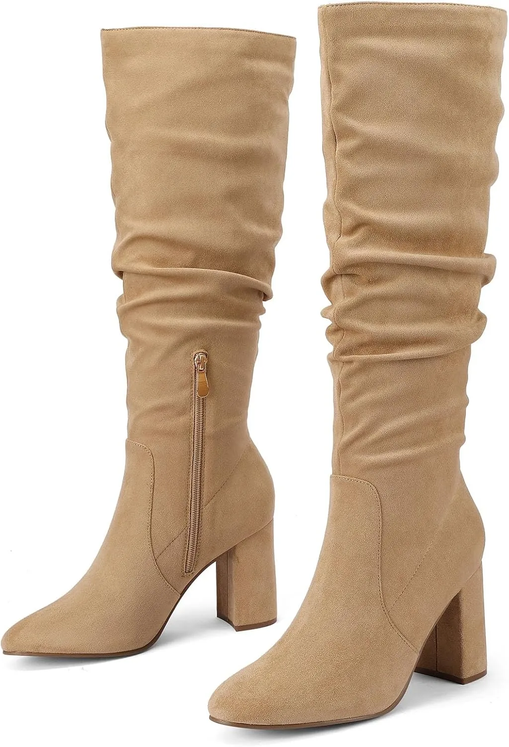 Eteridrey Knee High Boots Womens Chunky Heels Side Zipper Slouchy Boots Comfortable Faux Suede Riding Mid Calf Boots