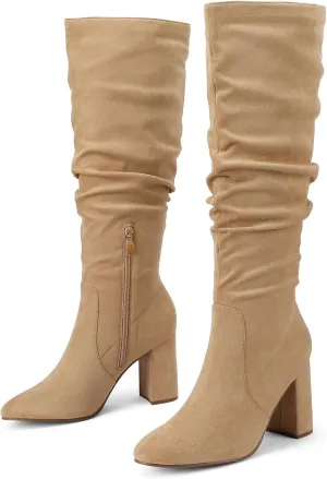 Eteridrey Knee High Boots Womens Chunky Heels Side Zipper Slouchy Boots Comfortable Faux Suede Riding Mid Calf Boots