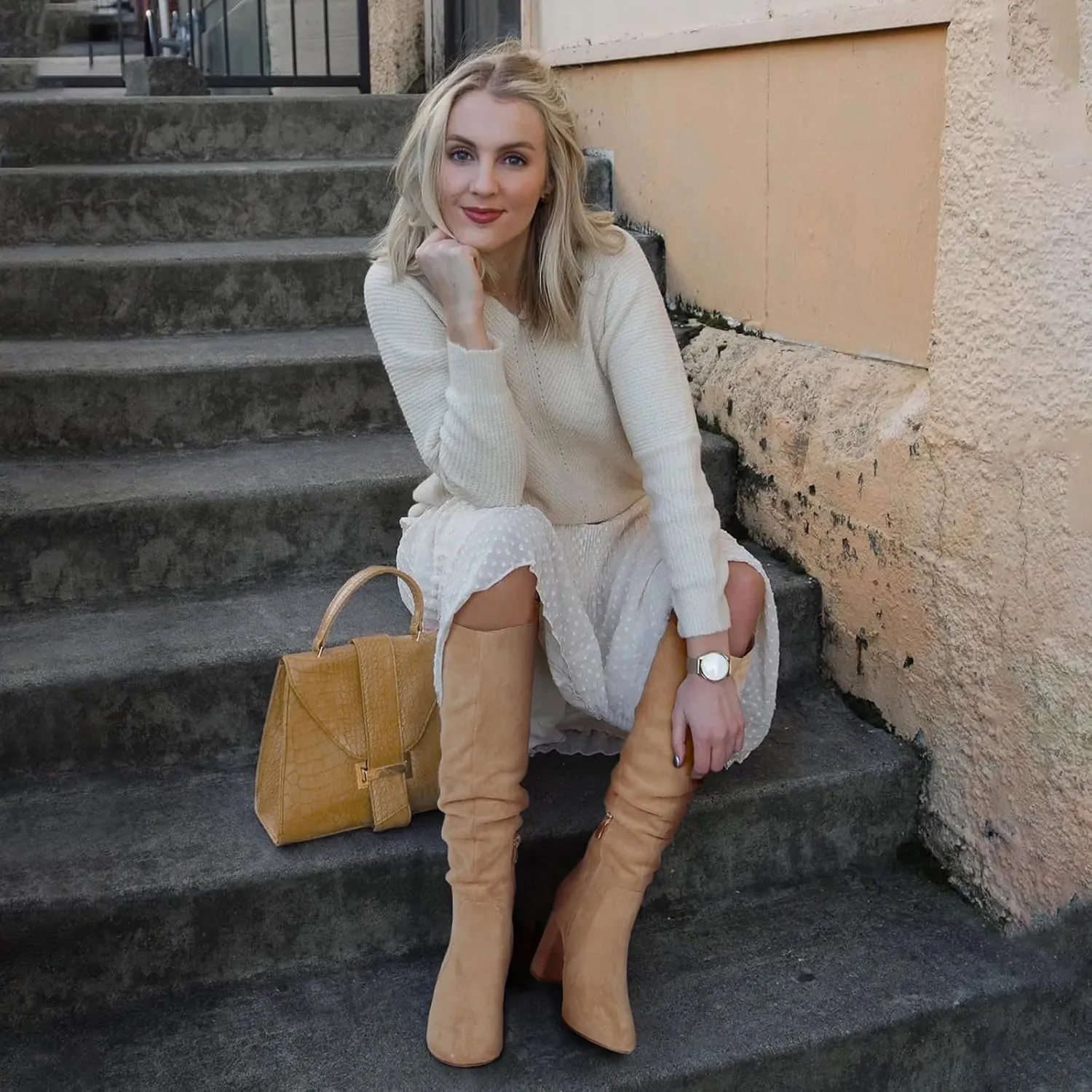 Eteridrey Knee High Boots Womens Chunky Heels Side Zipper Slouchy Boots Comfortable Faux Suede Riding Mid Calf Boots