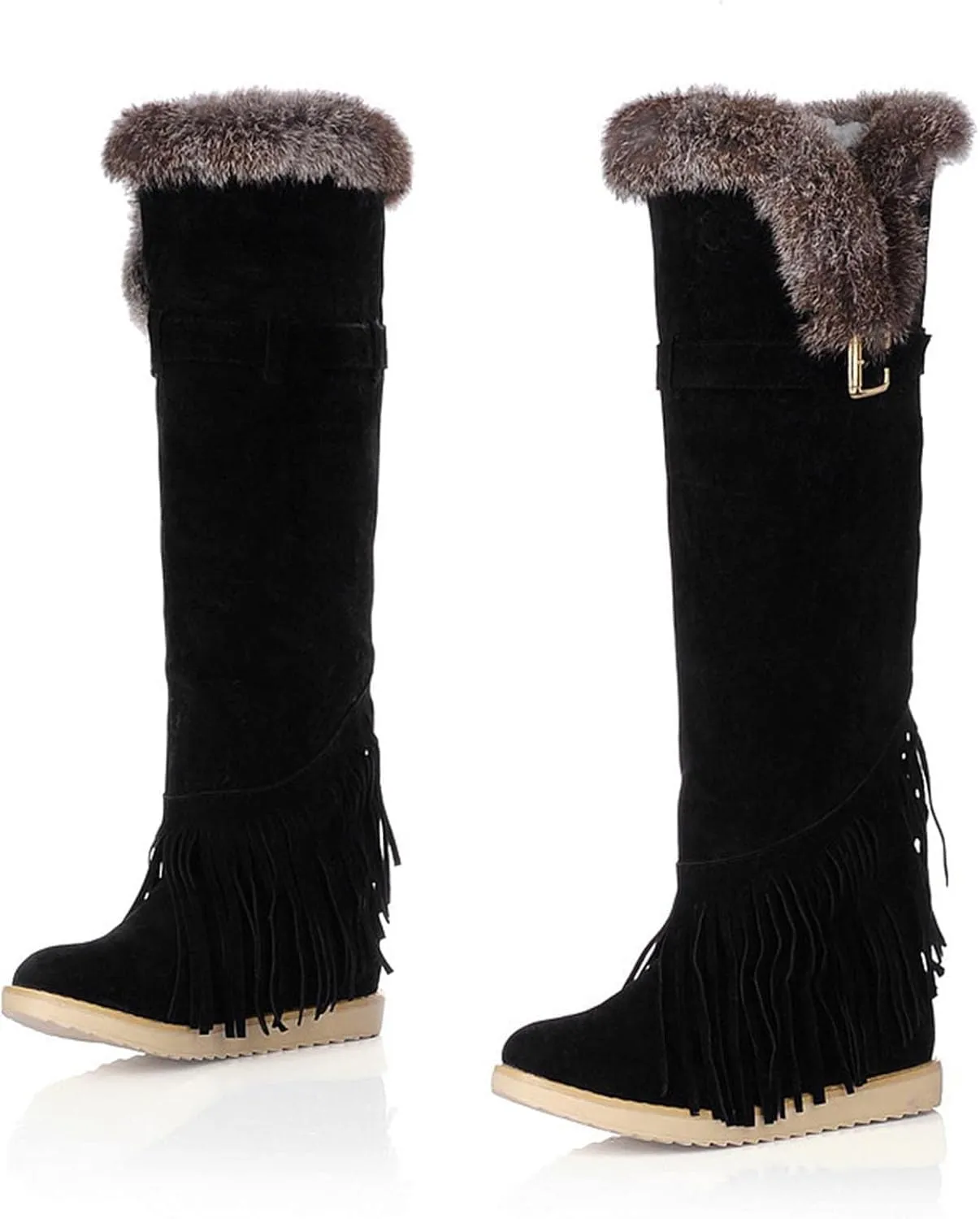 Flat Snow Boots for Women - Fashion Plush Fringed Pointed Toe Belt Buckle Slip-on Knee High Boots Winter Solid Velvet Warm Riding Boots Shoes