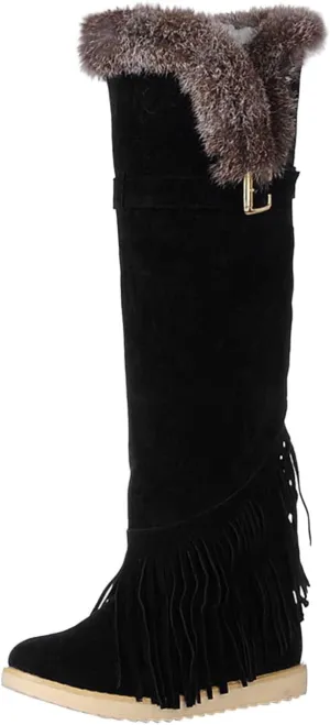 Flat Snow Boots for Women - Fashion Plush Fringed Pointed Toe Belt Buckle Slip-on Knee High Boots Winter Solid Velvet Warm Riding Boots Shoes