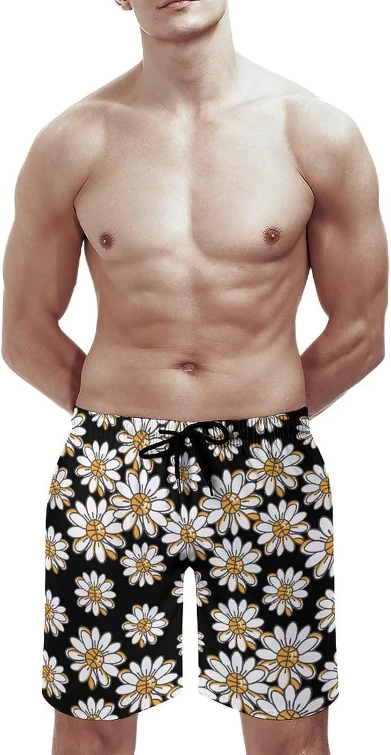 Flower Daisy Basketball Center Mens Swim Trunks Beach Swimming Shorts with Pockets and Mesh Lining