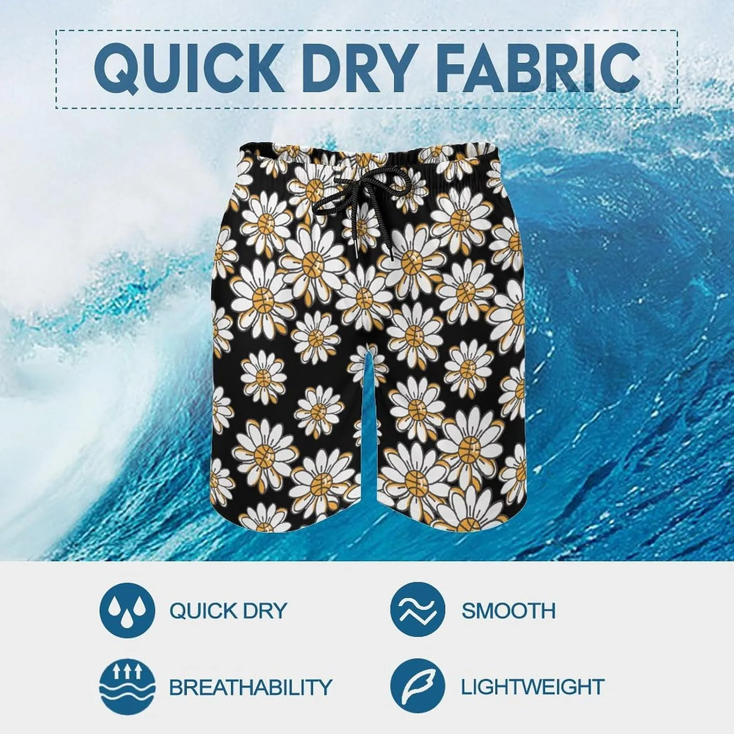 Flower Daisy Basketball Center Mens Swim Trunks Beach Swimming Shorts with Pockets and Mesh Lining