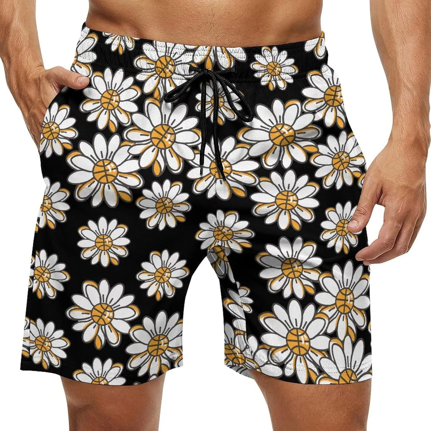 Flower Daisy Basketball Center Mens Swim Trunks Beach Swimming Shorts with Pockets and Mesh Lining
