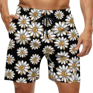 Flower Daisy Basketball Center Mens Swim Trunks Beach Swimming Shorts with Pockets and Mesh Lining