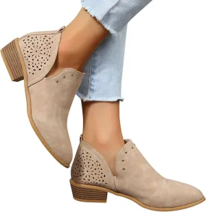 Gibobby Ankle Boot for Women Low Heel Womens Cowboy Boots Pointed Toe Faux Stacked Chunky Heels V Cut Zipper Booties