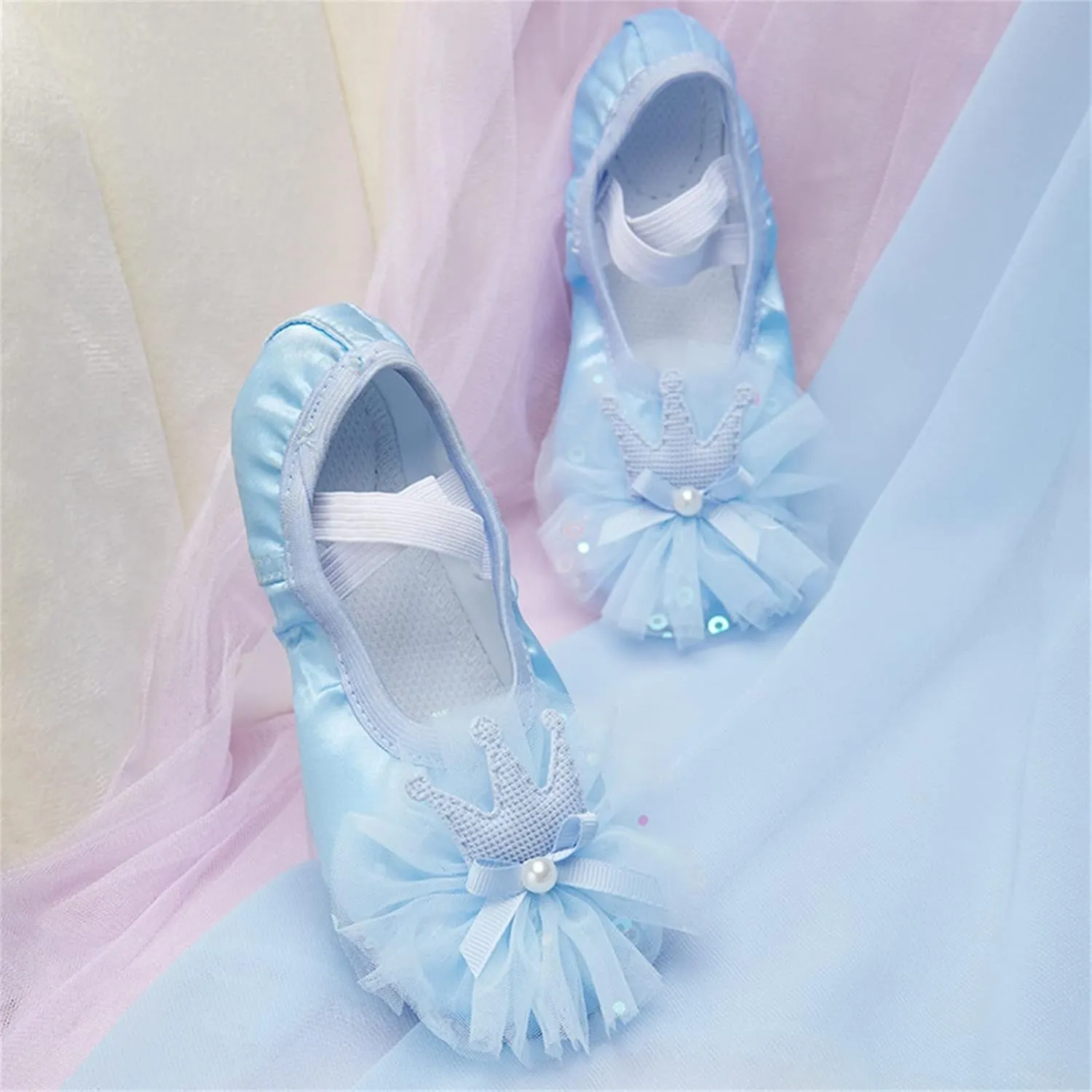 Girls Blue Ballet Dance Shoes Split Sole with Satin Ballet Slippers Lace Bow Performance Gymnastics Shoes