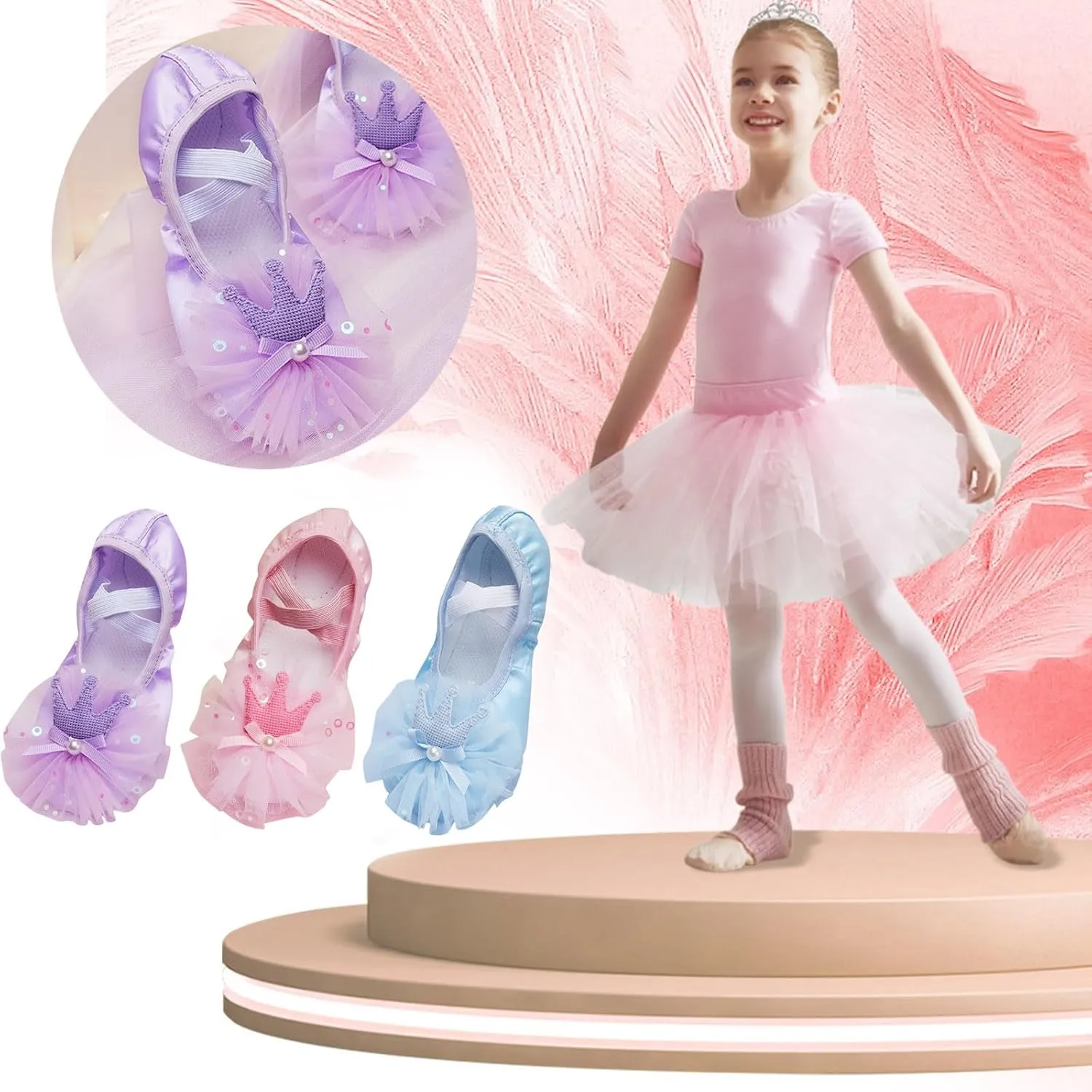 Girls Blue Ballet Dance Shoes Split Sole with Satin Ballet Slippers Lace Bow Performance Gymnastics Shoes