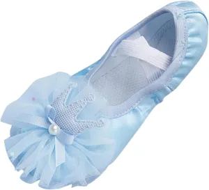 Girls Blue Ballet Dance Shoes Split Sole with Satin Ballet Slippers Lace Bow Performance Gymnastics Shoes
