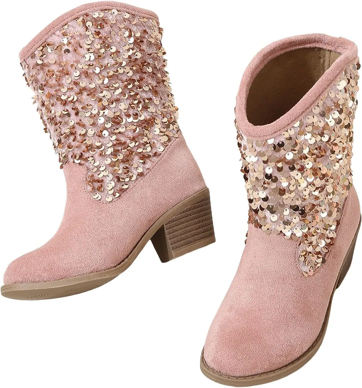 Girls Cowboy Boots Kids Glitter Mid Heel Casual Western Cowgirl Boots Fashion Mid Calf Sparkly Sequins Riding Shoes