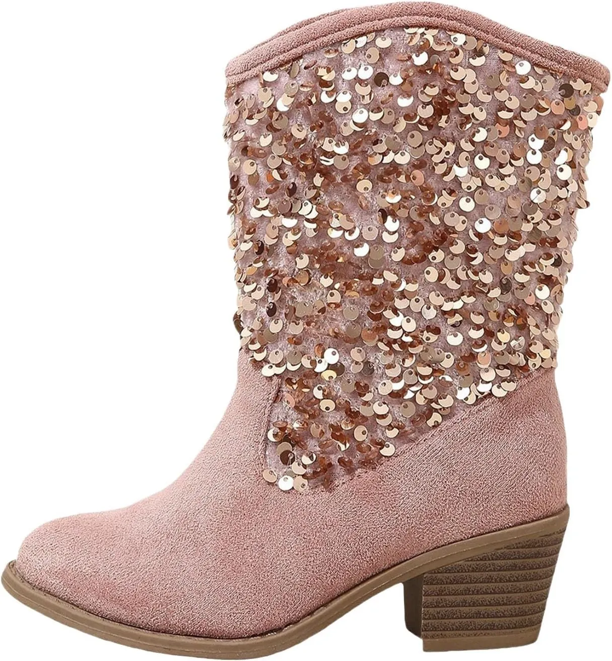 Girls Cowboy Boots Kids Glitter Mid Heel Casual Western Cowgirl Boots Fashion Mid Calf Sparkly Sequins Riding Shoes