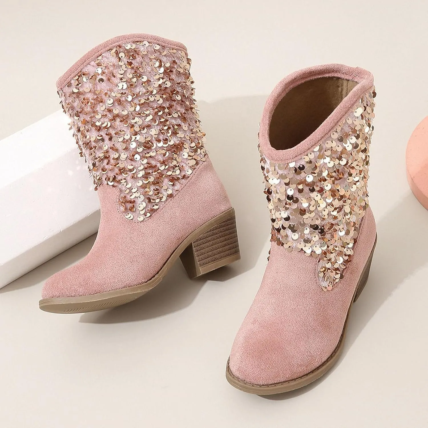 Girls Cowboy Boots Kids Glitter Mid Heel Casual Western Cowgirl Boots Fashion Mid Calf Sparkly Sequins Riding Shoes