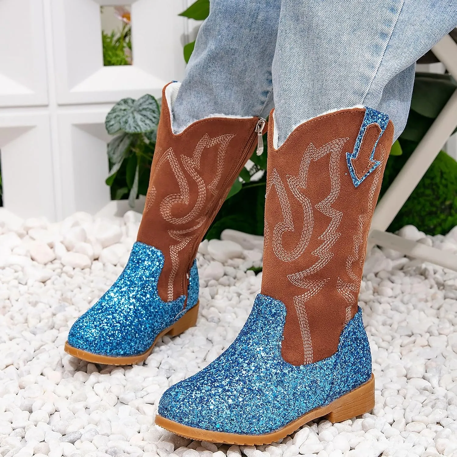 Girls Cowboy Boots Kids Toddler Glitter Western Cowgirl Boots Trendy Mid Calf Zipper Color Block Sparkly Riding Shoes