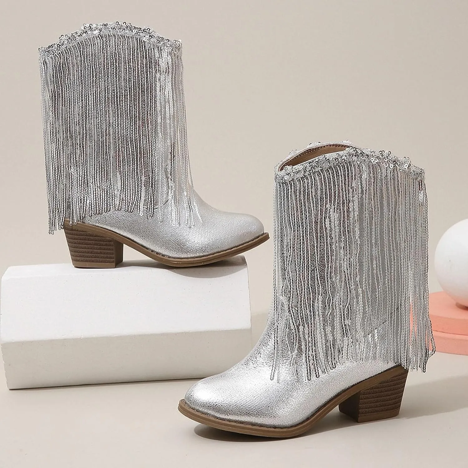 Girls Cowgirl Boots Mid Calf Square Toe Western Boot for Kids Glitter Cowboy Boots Toddler Girls Horse Riding Shoes