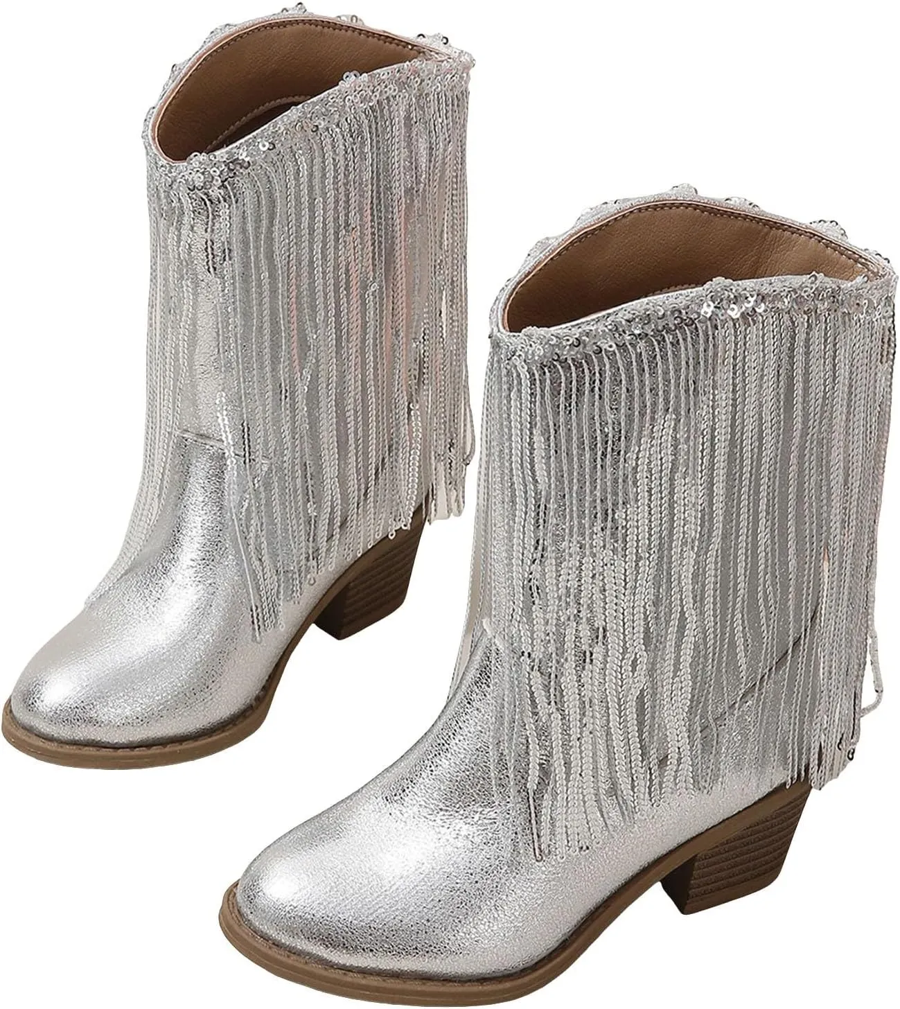 Girls Cowgirl Boots Mid Calf Square Toe Western Boot for Kids Glitter Cowboy Boots Toddler Girls Horse Riding Shoes