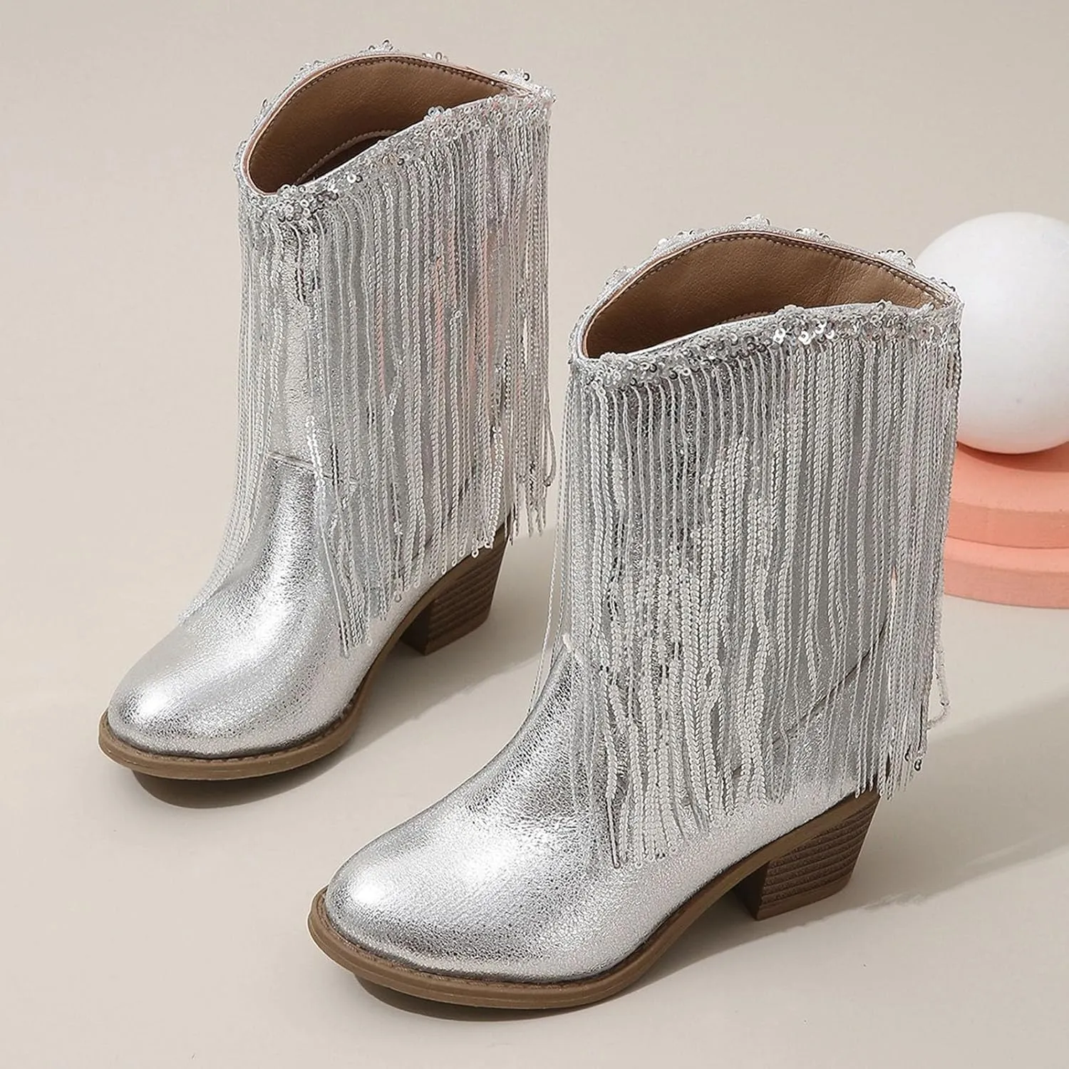 Girls Cowgirl Boots Mid Calf Square Toe Western Boot for Kids Glitter Cowboy Boots Toddler Girls Horse Riding Shoes