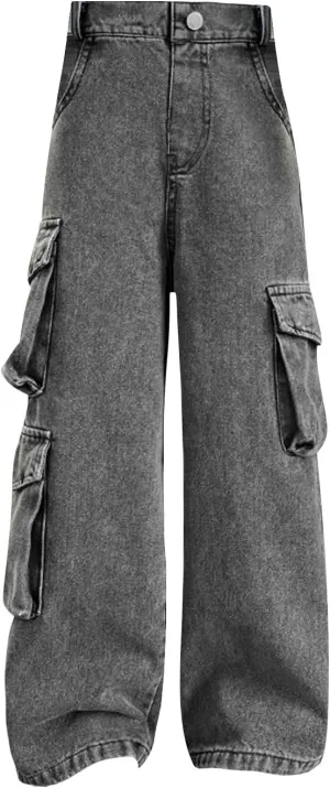 Girls High Waist Cargo Denim Pants Fashion Casual Flare Leg ??ootcut Bell Bottom Jeans Solid Straight Leg Jeans