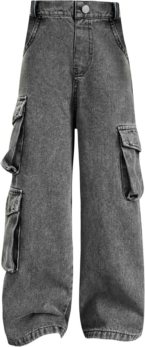 Girls High Waist Cargo Denim Pants Fashion Casual Flare Leg ??ootcut Bell Bottom Jeans Solid Straight Leg Jeans