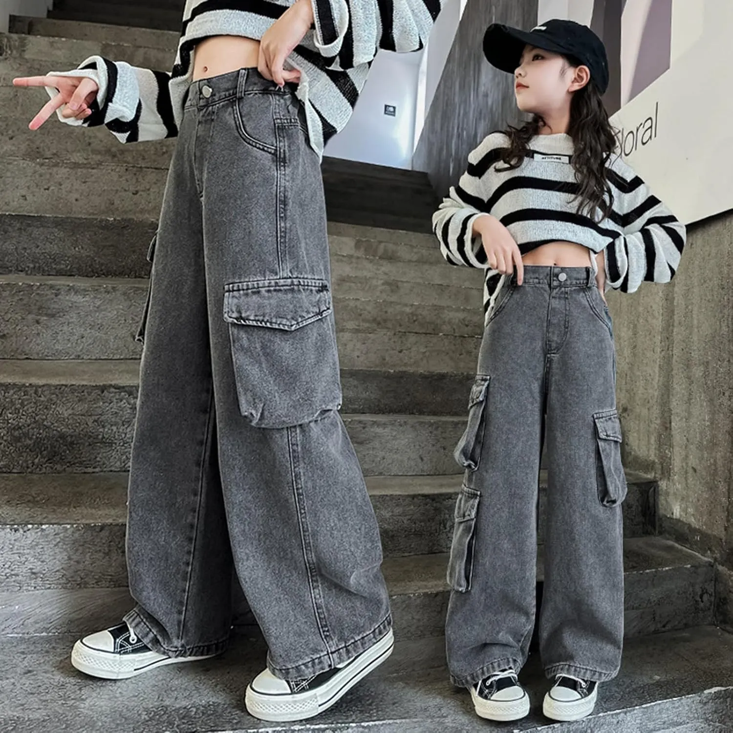 Girls High Waist Cargo Denim Pants Fashion Casual Flare Leg ??ootcut Bell Bottom Jeans Solid Straight Leg Jeans
