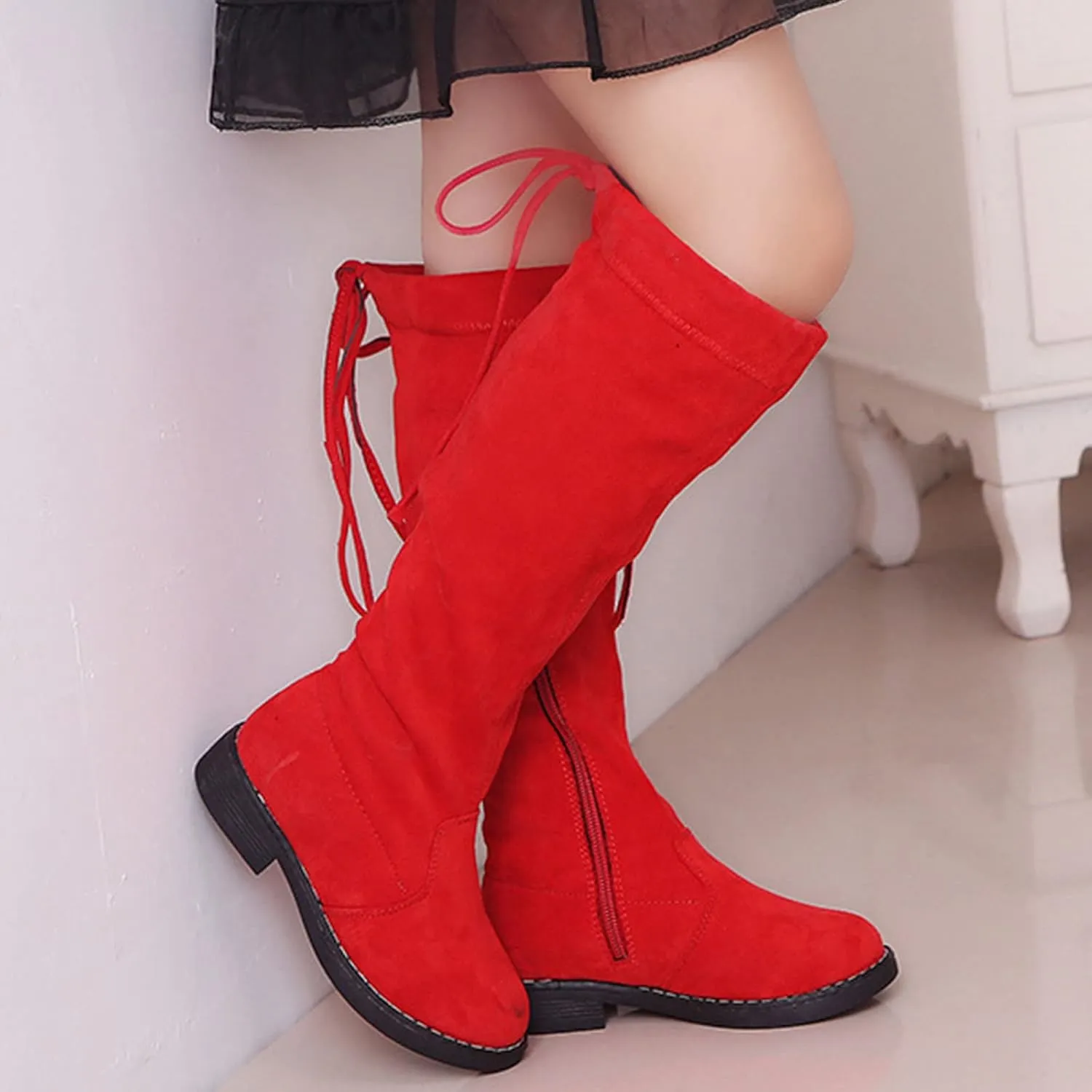 Girls Knee High Boot Bowknot Microvelvet Surface Water Proof Low Chunky Heel Zipper Fashion Winter Riding Boots