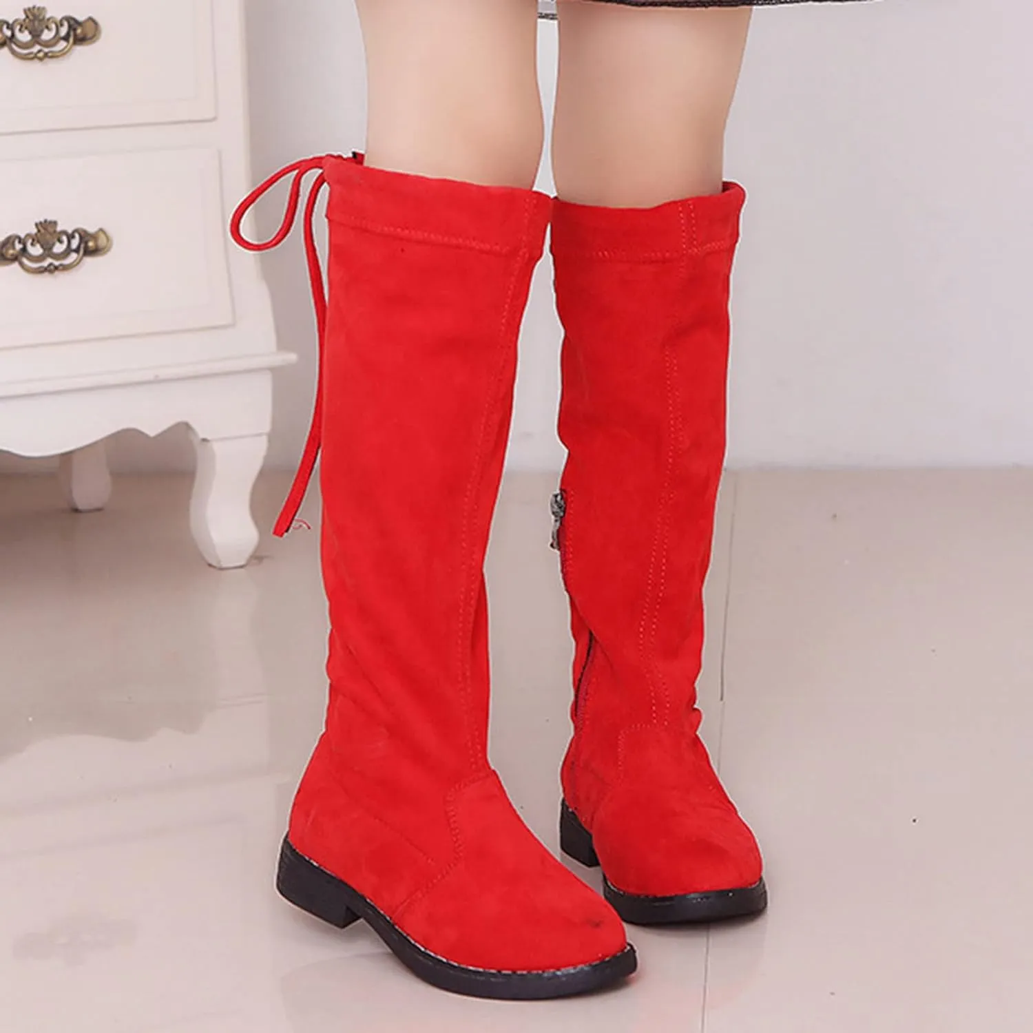 Girls Knee High Boot Bowknot Microvelvet Surface Water Proof Low Chunky Heel Zipper Fashion Winter Riding Boots