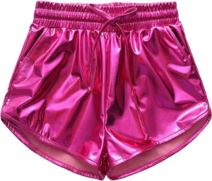 Girls Metallic Shorts Sparkly Rave Dance Outfits Summer Elastic Drawstring Shiny Hot Shorts Athletic Pants for Teens Girls