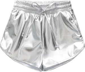 Girls Metallic Shorts Sparkly Rave Dance Outfits Summer Elastic Drawstring Shiny Hot Shorts Athletic Pants for Teens Girls