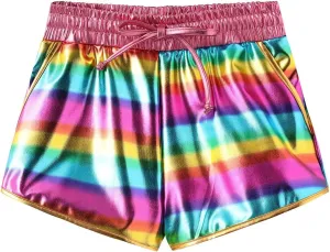 Girls Metallic Shorts Sparkly Rave Dance Outfits Summer Elastic Drawstring Shiny Hot Shorts Athletic Pants for Teens Girls