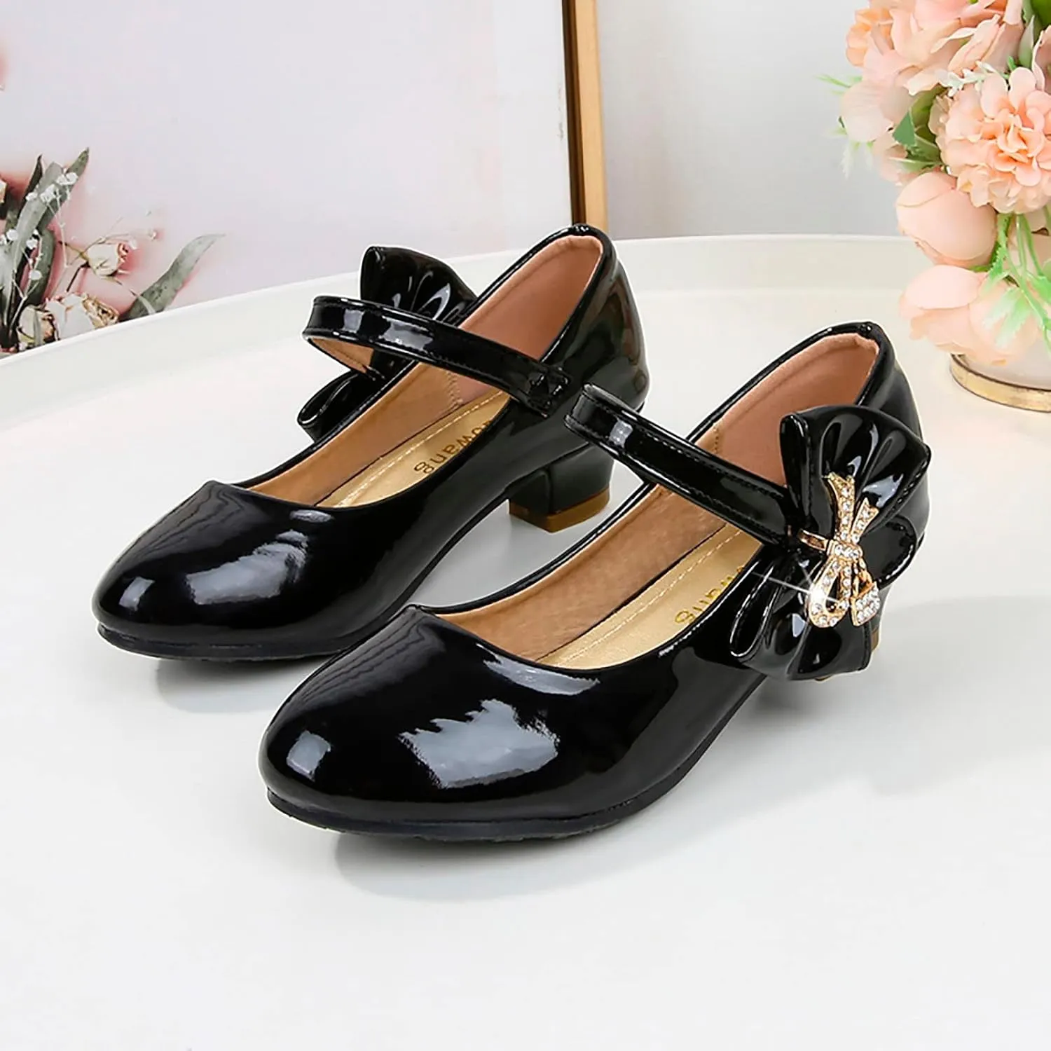 Girls Paten?? Leather Dress Shoes Low Heels Toddler Mary Jane Shoes Flower Shoes with Bow for School Part?? Wedding