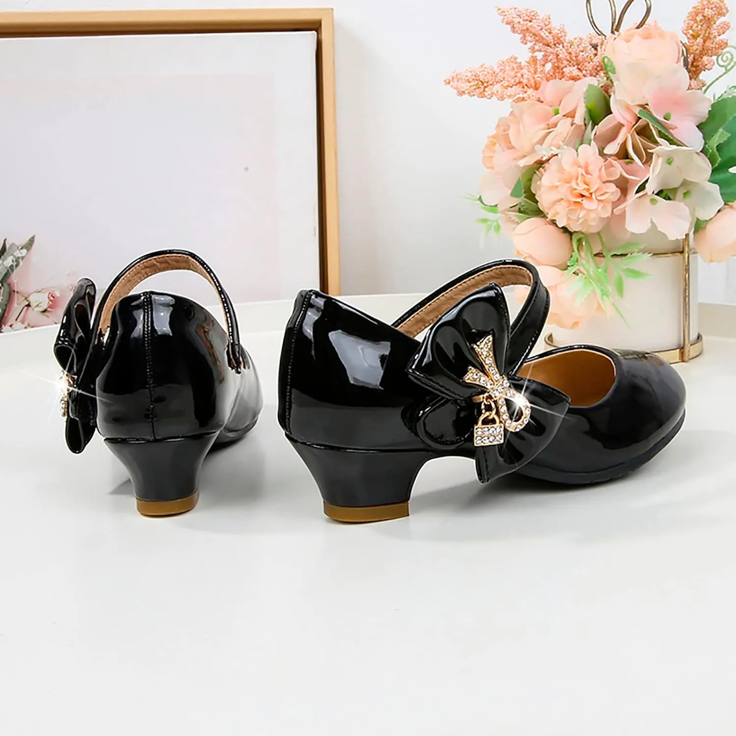 Girls Paten?? Leather Dress Shoes Low Heels Toddler Mary Jane Shoes Flower Shoes with Bow for School Part?? Wedding