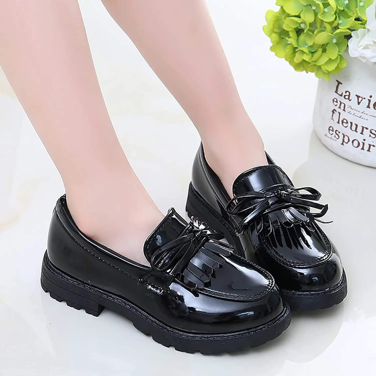 Girls Slip On Leather Loafer Tassel Bow School Dress Shoes For Girls Girls Dress up