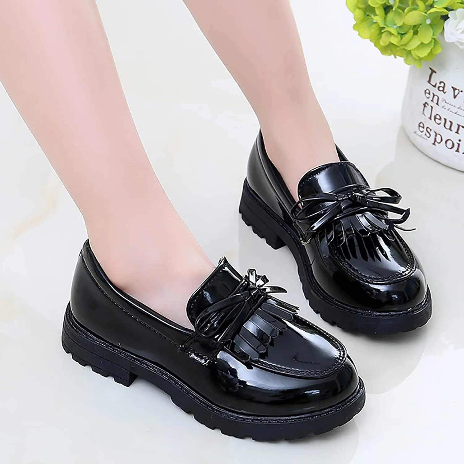 Girls Slip On Leather Loafer Tassel Bow School Dress Shoes For Girls Girls Dress up