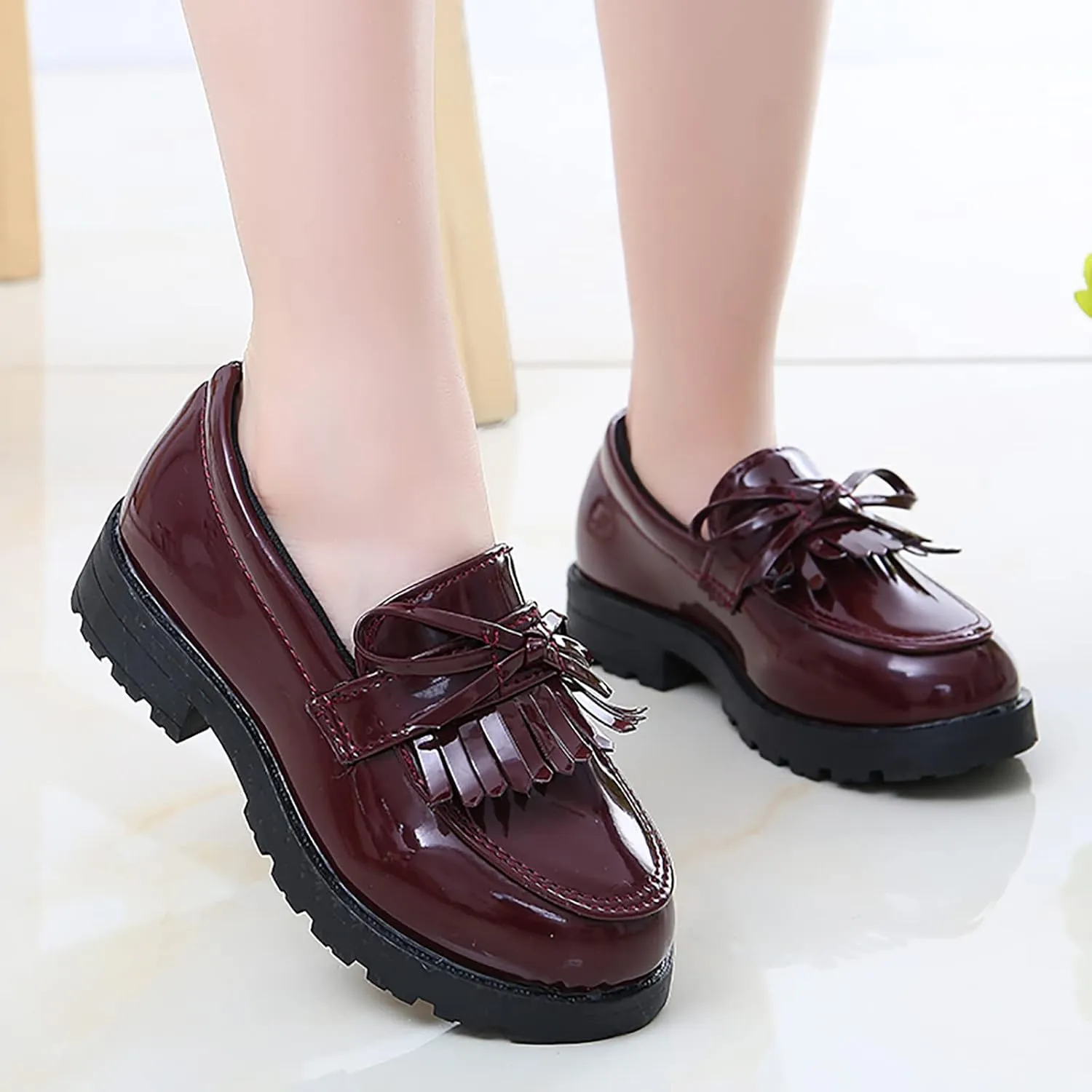 Girls Slip On Leather Loafer Tassel Bow School Dress Shoes for Girls Little Girls Dress Shoes